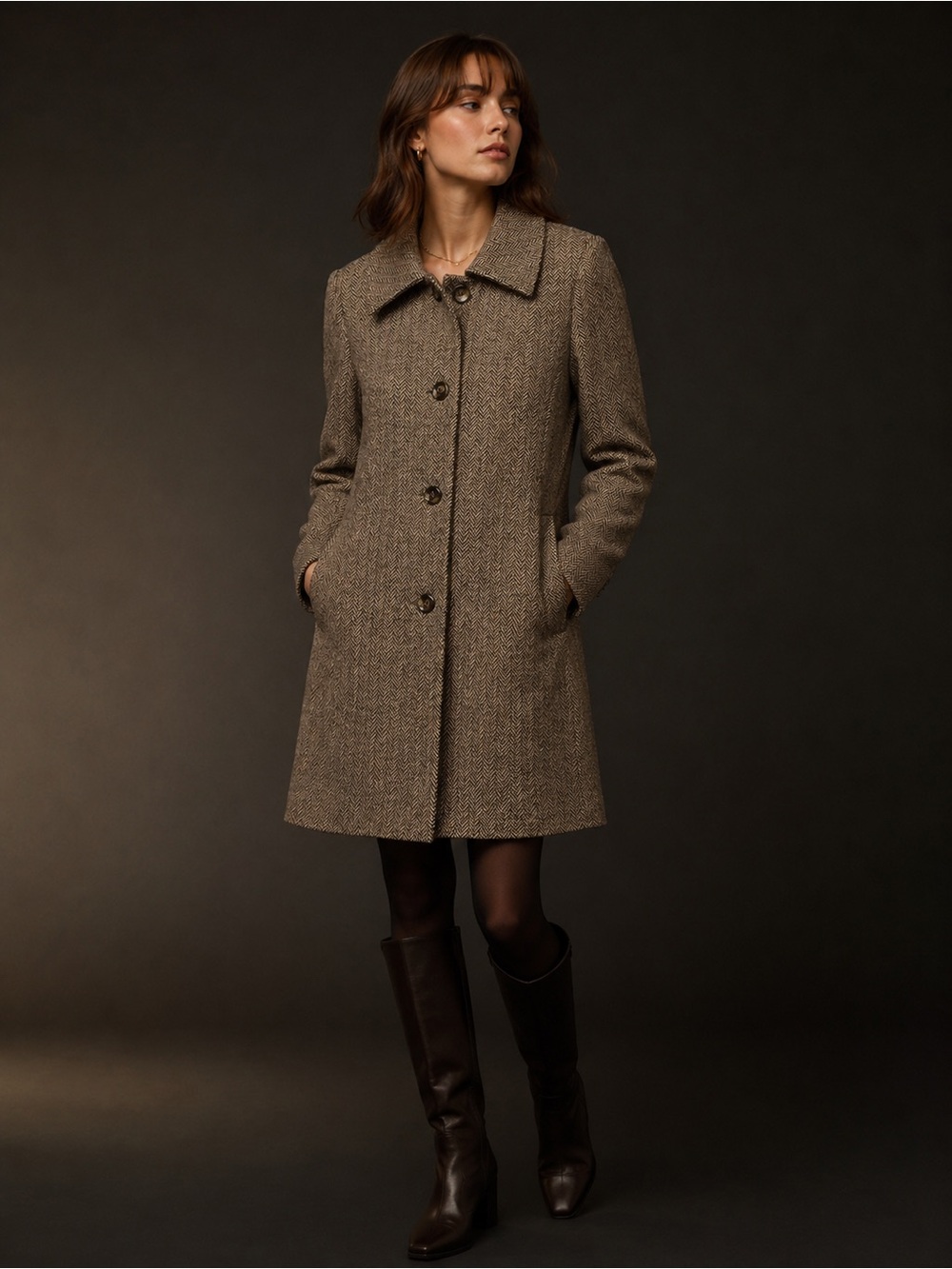 Chadwicks Brown Tweed Single-Breasted Wool Blend Pea Coat